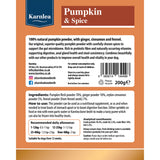 Karnlea Pumpkin and Spice dog supplement back label with ingredients and usage instructions