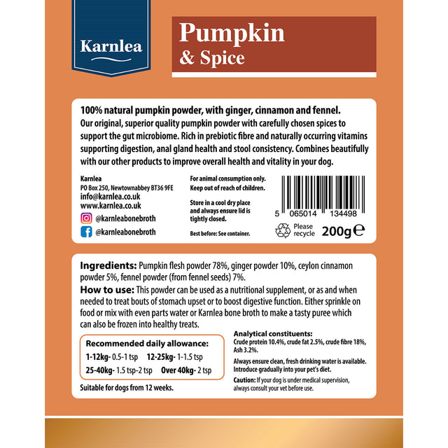 Karnlea Pumpkin and Spice dog supplement back label with ingredients and usage instructions