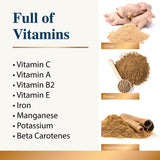 Graphic listing vitamins and minerals in a pumpkin-based dog supplement with ginger, fennel, and cinnamon images