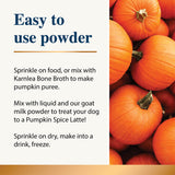 Graphic explaining how to use pumpkin powder dog supplement with pumpkin images on the right