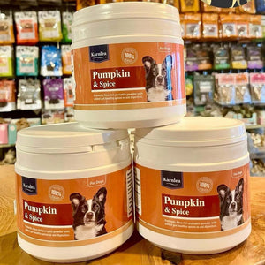 Karnlea Pumpkin and Spice dog supplements shown as three jars in a retail setting