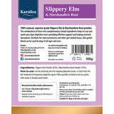 Back of Karnlea Slippery Elm and Marshmallow Root dog supplement packaging showing ingredients and feeding guide