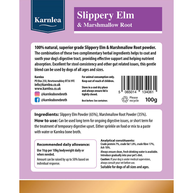 Back of Karnlea Slippery Elm and Marshmallow Root dog supplement packaging showing ingredients and feeding guide