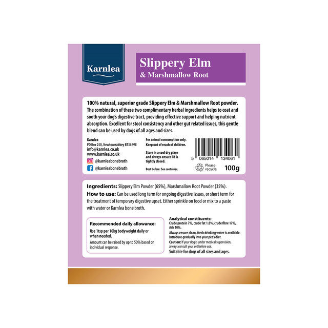 Karnlea Slippery Elm and Marshmallow Root pet supplement back packaging with ingredients and feeding guide