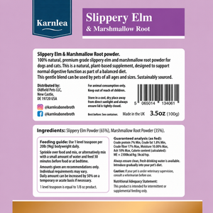 Back of Karnlea Slippery Elm and Marshmallow Root dog supplement packaging showing ingredients and feeding guide