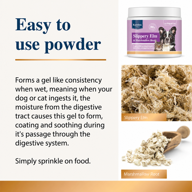 Infographic explaining powdered slippery elm and marshmallow root supplement for dogs and cats