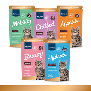 Karnlea cat food topper range showing Beauty, Mobility, Chilled, Hydrate, and Appetite pouches