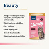 Karnlea Beauty skin and coat topper for cats with listed benefits and pink pouch packaging shown