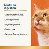 Graphic highlighting gentle digestion benefits of Karnlea cat food toppers alongside a cat portrait