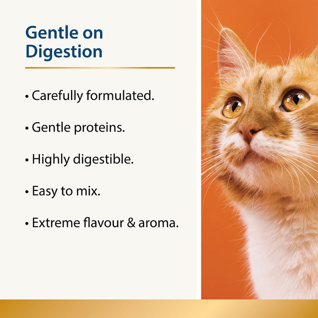 Graphic highlighting gentle digestion benefits of Karnlea cat food toppers alongside a cat portrait