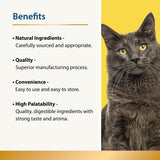 Graphic listing benefits of Karnlea cat food toppers alongside a cat portrait