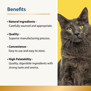 Graphic listing benefits of Karnlea cat food toppers alongside a cat portrait
