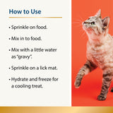 Graphic showing how to use Karnlea cat food toppers with preparation tips and a cat image