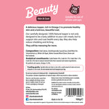 Back of Karnlea Beauty skin and coat topper pouch showing ingredients, feeding guide, and nutritional information