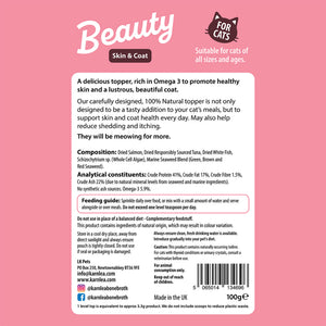 Back of Karnlea Beauty skin and coat topper pouch showing ingredients, feeding guide, and nutritional information