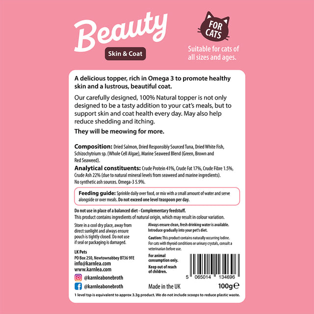 Back of Karnlea Beauty skin and coat topper pouch showing ingredients, feeding guide, and nutritional information