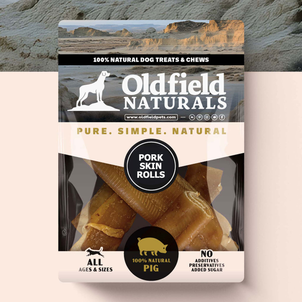 Oldfield Naturals Pork Skin Rolls Packaging – Pure, Simple, Natural Dog Treats with No Additives