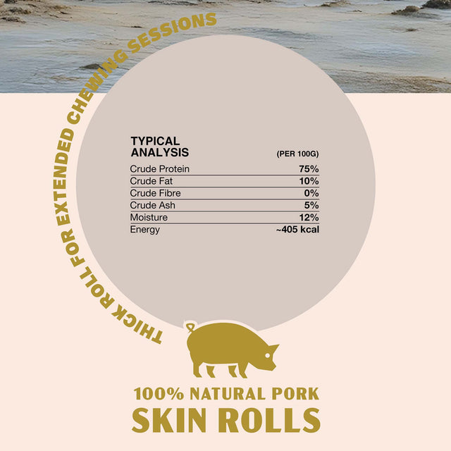 Oldfield Naturals Pork Skin Rolls Nutritional Analysis – 75% Protein, 10% Fat, 405 kcal Natural Dog Treat