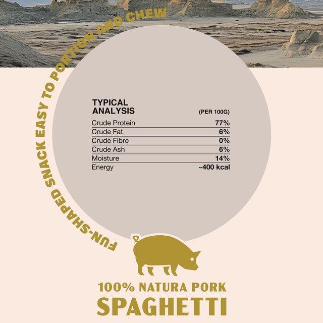 Oldfield Naturals Pork Spaghetti Nutritional Analysis – 77% Protein, 6% Fat, 400 kcal Natural Dog Treat
