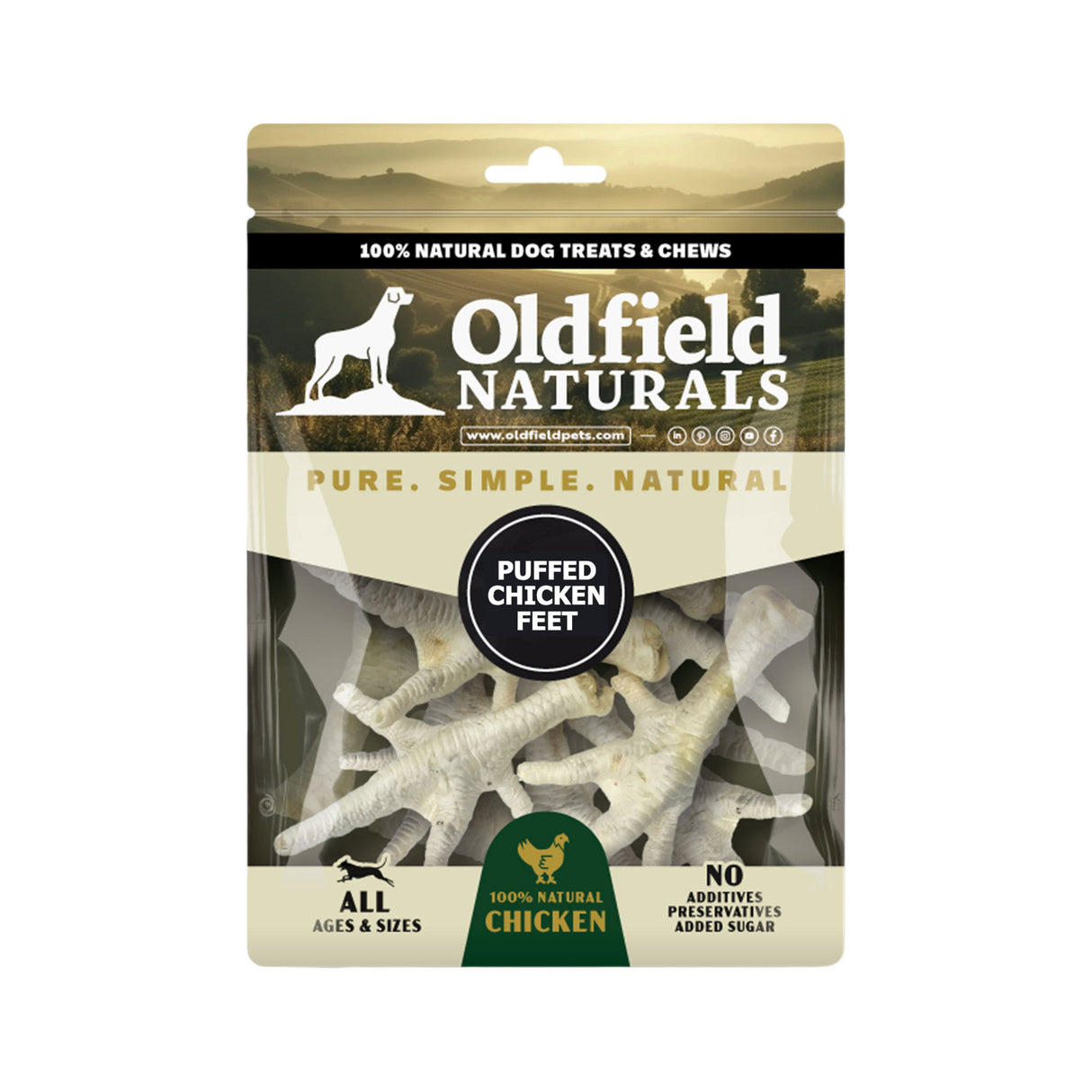 Oldfield Naturals Puffed Chicken Feet Dog Treat Packaging – 100% Natural Light Chews for All Dog Sizes