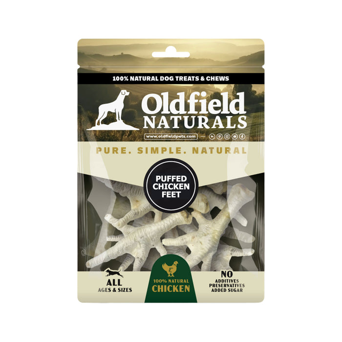 Oldfield Naturals Puffed Chicken Feet Dog Treat Packaging – 100% Natural Light Chews for All Dog Sizes