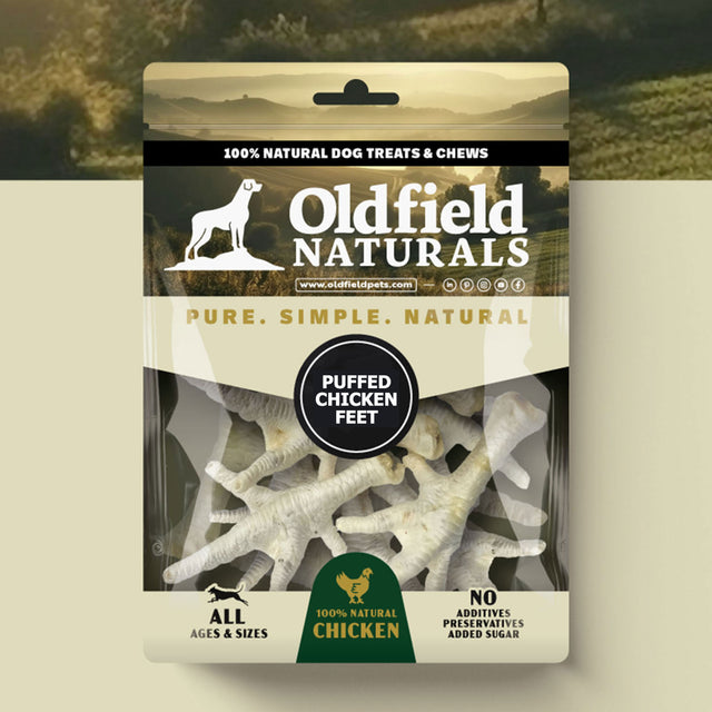 Oldfield Naturals Puffed Chicken Feet Packaging – Pure, Simple, Natural High-Protein Dog Treats