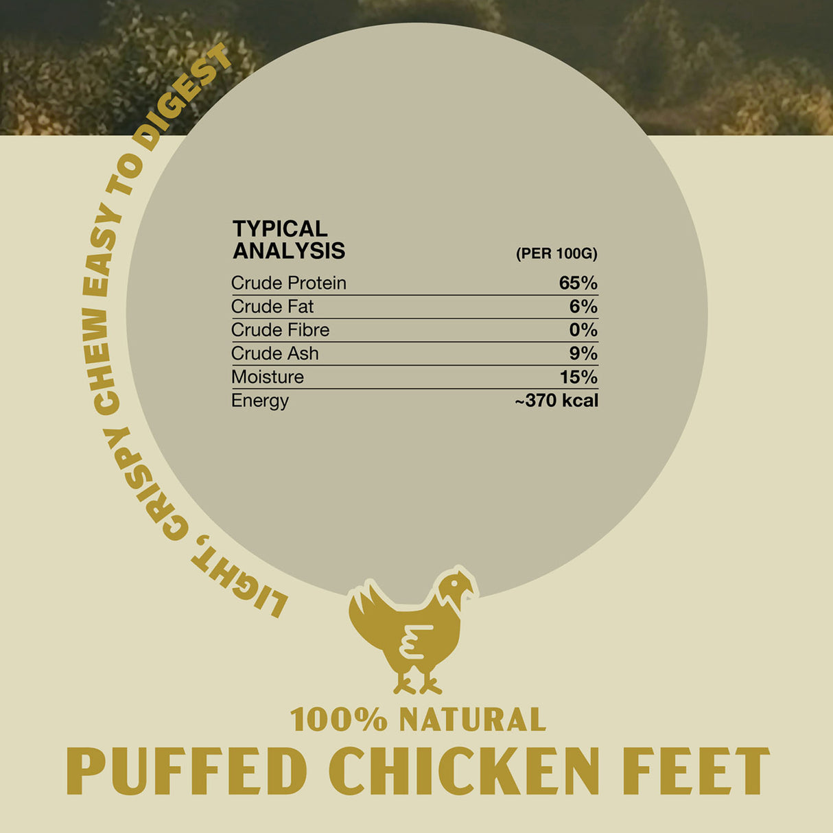 Oldfield Naturals Puffed Chicken Feet Nutritional Analysis – 65% Protein, 6% Fat, 370 kcal Natural Dog Treat