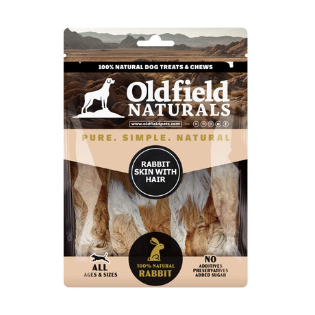 Oldfield Naturals Rabbit Skin with Hair Dog Treat Packaging – 100% Natural High-Protein Chew for All Dog Sizes