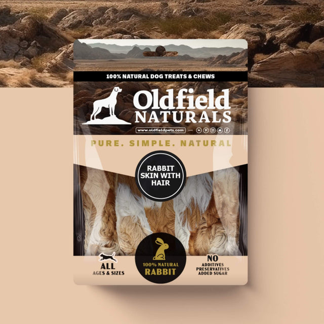 Oldfield Naturals Rabbit Skin with Hair Packaging – Pure, Simple, Natural Single-Ingredient Dog Treat