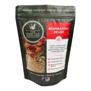 The Good Life Backyard Respiratory Relief poultry supplement in a 1 lb resealable pouch
