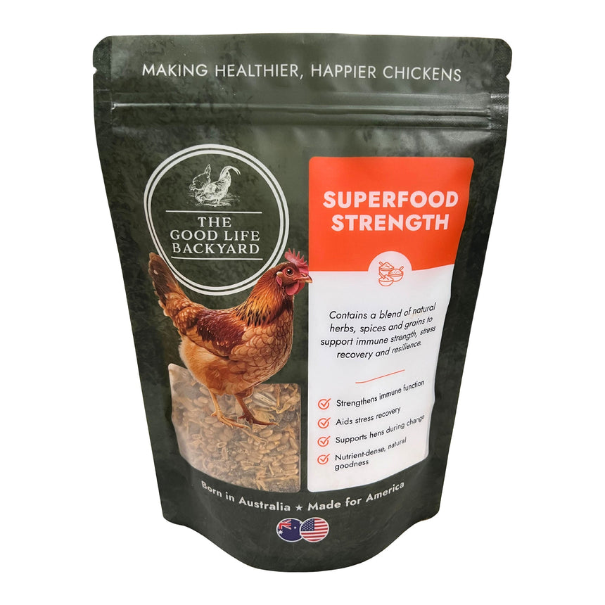 The Good Life Backyard Superfood Strength chicken supplement in a 1 lb resealable pouch